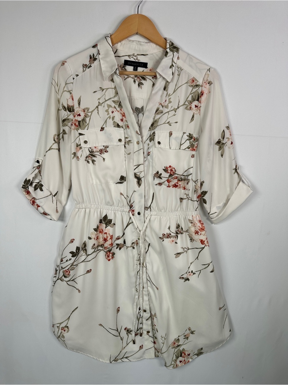 Dynamite Floral Shirt Dress Cream Pink Button Front Tie Waist M Utility Feminine